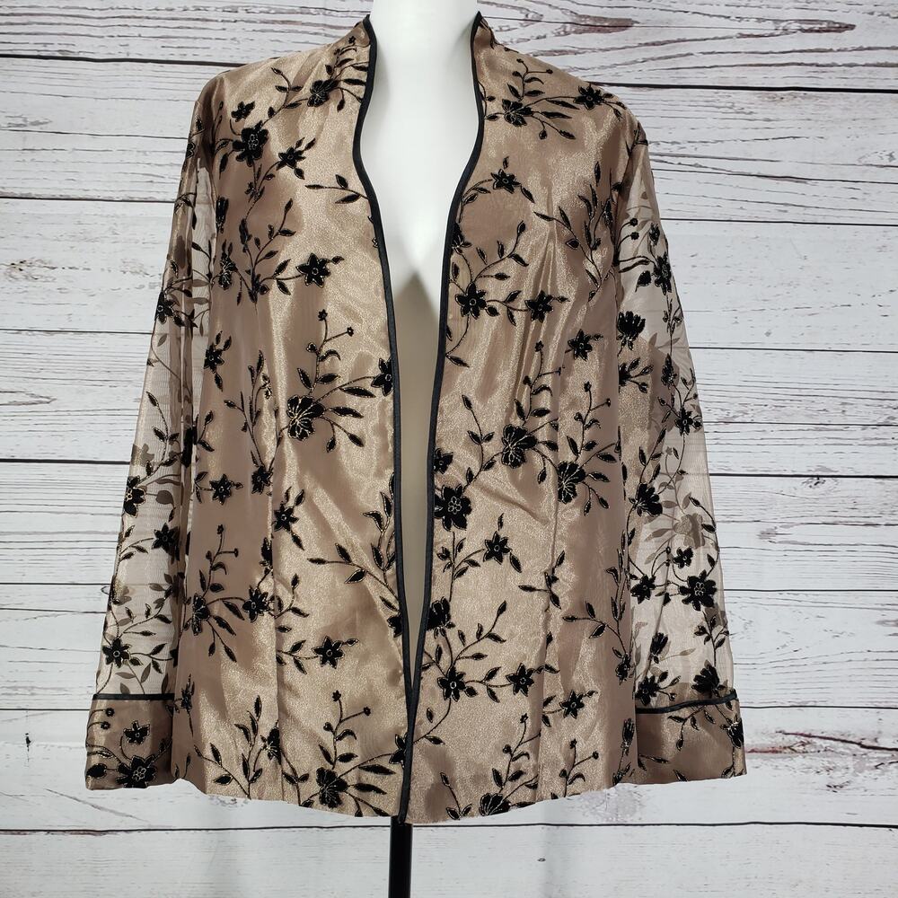 ONYX Nite Brown  Floral Sheer  Sleeve Open Front Cardigan Blazer Size 18